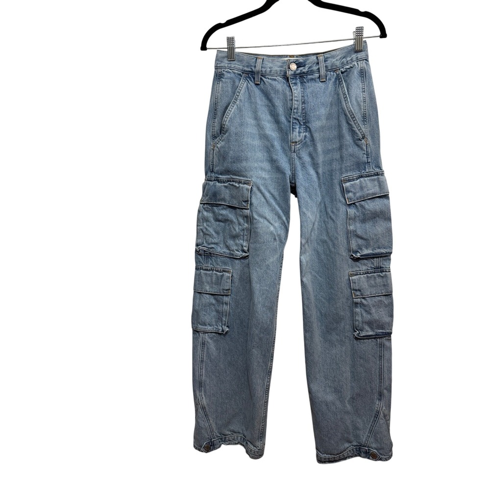 Denim Forum The 90s Millie Hi-Rise Cargo Jeans Light Wash Blue Size 25 Wide Leg